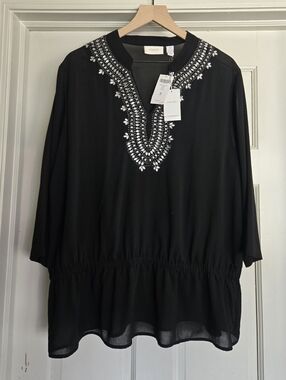 Chico's Katrina Black Beaded V-Neck Sheer Tunic Blouse Size 3